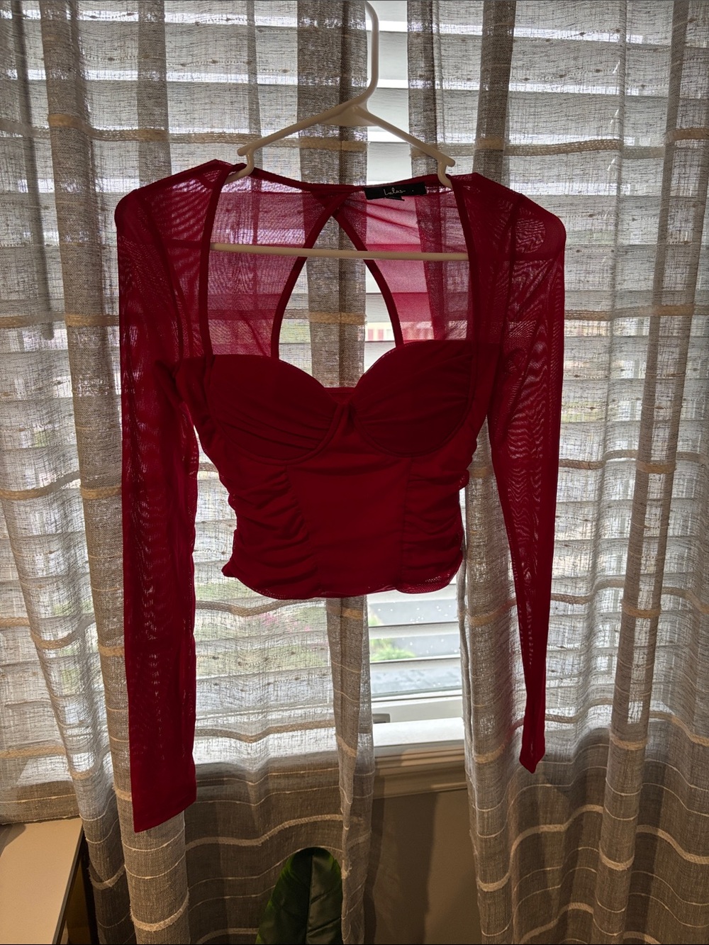 Lulu's Crimson Mesh Long-Sleeve Crop Top